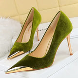 Women's Velvet Stilettos Metal Toe Heel - Wine Red - Party Pumps - 40 B - PU Leather - image 9
