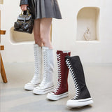 Women's Lace Up Knee High Canvas Boots - Black - Knee High Boots - 40 B - Canvas - image 13