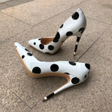 Women's White Black Polka Dot Heels - White/Black - 1 / 12cm Heel - 46 B - Patent Leather - image 9
