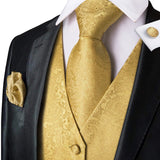 Men's 4 Pcs Luxury Gold Vest Tie Set - Gold - 4Pcs Set -MJ-0009 - XXXL - Silk - image 1