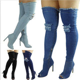 Women's Denim Over Knee Stiletto Boots - Light Blue - Stiletto Boots - 41 B - PU/Canvas - image 12