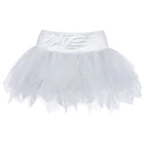 A fluffy white tutu with layers of delicate, translucent tulle. The garment has a soft, gathered waistband and a light, airy, and whimsical appearance.