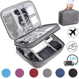 A gray electronics organizer bag with multiple compartments, holding cables, chargers, and devices, ideal for travel. Various color options shown.
