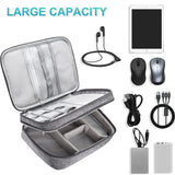 A gray tech organizer bag open to show compartments, surrounded by headphones, a tablet, two computer mice, and various cables.