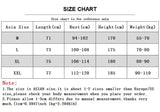 A size chart displaying Asian sizes M to XXL, with corresponding measurements for length, bust, height, and weight.