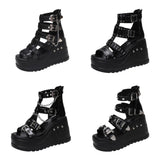 Women's Gothic Punk Rivet Wedge Sandal - Black - 1 / Rivet / Matte / Sandals - 43 B - PU Leather - image 24