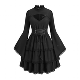 Elegant black Gothic dress with lace bell sleeves, layered skirt, corset-style lacing at the waist, and high neckline. Stylish and mysterious.