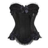 Elegant black corset with lace trim and three satin bows. The lacy texture and sleek fabric convey a vintage, sophisticated tone.