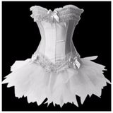 Elegant white corset dress with lace trim and bows, featuring a tulle tutu skirt. The design is delicate, conveying a romantic and graceful tone.