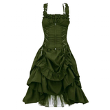 Green Gothic-style dress with a corset bodice, crisscross lacing, and layered ruffled skirt. The design conveys an elegant, vintage feel.