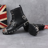 Men's Leather Gothic Rivet Ankle Boots - Black - Biker Ankle Boot - 44 B - Genuine Leather - image 8