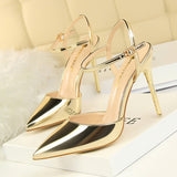 Women's Shiny Patent High Heel Slingback - Blue - Strappy Stilettos - 9 B - PU Leather - image 12