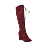 Women's Suede Lace Up Knee High Boots - Apricot - Lace Up Boots - 15 B - PU Suede Leather - image 19