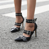Women's Punk Buckle Strap Rivet Stilettos - White - Punk Rivet Stilettos - 4 B - PU Leather - image 7