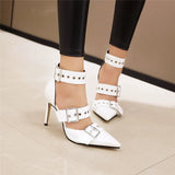 Women's Punk Buckle Strap Rivet Stilettos - White - Punk Rivet Stilettos - 4 B - PU Leather - image 3