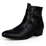 Men's Buckle Strap Block Heel Dress Boots - Black - Dress Boot - 12 B - PU Leather - image 3