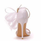 Women's Chiffon Bow High Bridal Sandals - White - Wedding Sandals - 43 B - PU Leather - image 20