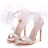 Women's Chiffon Bow High Bridal Sandals - White - Wedding Sandals - 43 B - PU Leather - image 16