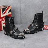 Men's Leather Gothic Rivet Ankle Boots - Black - Biker Ankle Boot - 44 B - Genuine Leather - image 2