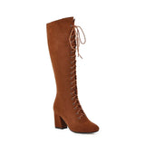 Women's Suede Lace Up Knee High Boots - Brown - Lace Up Boots - 15 B - PU Suede Leather - image 36