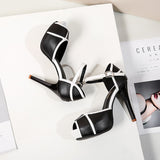 Women's Elegant High Fashion Sandals - Black/White - Stiletto Sandals - 41 B - PU Leather - image 37