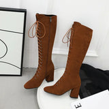Women's Suede Lace Up Knee High Boots - Apricot - Lace Up Boots - 15 B - PU Suede Leather - image 29