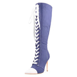 Women's Lace Up Canvas Stiletto Boots - Blue - P90938B - 15 B - Canvas - image 19
