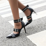 Women's Punk Buckle Strap Rivet Stilettos - White - Punk Rivet Stilettos - 4 B - PU Leather - image 12