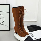 Women's Suede Lace Up Knee High Boots - Apricot - Lace Up Boots - 15 B - PU Suede Leather - image 31