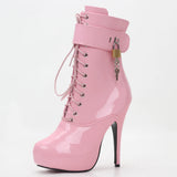 Women's Padlock High Stiletto Ankle Boots - Hot Pink - Ankle Boots - 15 B - PU Patent Leather - image 4