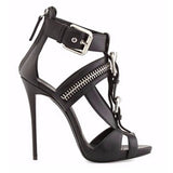 Women's Buckle Strap Zip Stiletto Sandals - Black - Gladiator Sandals - 46 B - PU Patent Leather - image 20