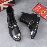 Men's Leather Gothic Rivet Ankle Boots - Black - Biker Ankle Boot - 44 B - Genuine Leather - image 6