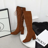 Women's Suede Lace Up Knee High Boots - Apricot - Lace Up Boots - 15 B - PU Suede Leather - image 32