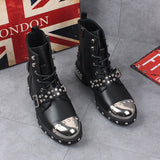 Men's Leather Gothic Rivet Ankle Boots - Black - Biker Ankle Boot - 44 B - Genuine Leather - image 9