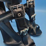 Women's Buckle Strap Zip Stiletto Sandals - Black - Gladiator Sandals - 46 B - PU Patent Leather - image 15