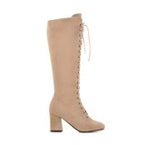 Women's Suede Lace Up Knee High Boots - Apricot - Lace Up Boots - 15 B - PU Suede Leather - image 13