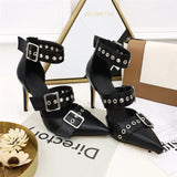 Women's Punk Buckle Strap Rivet Stilettos - White - Punk Rivet Stilettos - 4 B - PU Leather - image 14