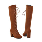 Women's Suede Lace Up Knee High Boots - Apricot - Lace Up Boots - 15 B - PU Suede Leather - image 30