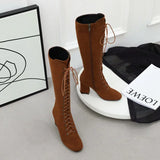 Women's Suede Lace Up Knee High Boots - Apricot - Lace Up Boots - 15 B - PU Suede Leather - image 27