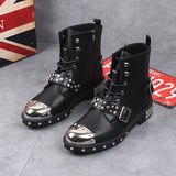 Men's Leather Gothic Rivet Ankle Boots - Black - Biker Ankle Boot - 44 B - Genuine Leather - image 7