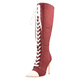Women's Lace Up Canvas Stiletto Boots - Red - P90938A - 15 B - Canvas - image 20