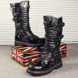 Men's Knee-High Combat Motorcycle Boots - Black - 3903 / Biker Boots - 38 B - PU Leather - image 2