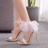Women's Chiffon Bow High Bridal Sandals - White - Wedding Sandals - 43 B - PU Leather - image 12