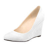 Women's High Heeled Flock Wedge Pumps - White - Women High Heels - 42 B - PU Flock Leather - image 12