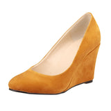 Women's High Heeled Flock Wedge Pumps - Brown - Women High Heels - 42 B - PU Flock Leather - image 14