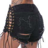 Women's Goth Punk Lace Up Denim Shorts - Black - Shorts - XXXL - Polyester Denim - image 2