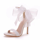 Women's Chiffon Bow High Bridal Sandals - White - Wedding Sandals - 43 B - PU Leather - image 13