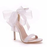 Women's Chiffon Bow High Bridal Sandals - White - Wedding Sandals - 43 B - PU Leather - image 15