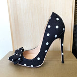 Women's Silk Polka Dot Bow Knot Heels - Black - 1 / 12cm Heel - 46 B - Silk/Leather - image 18