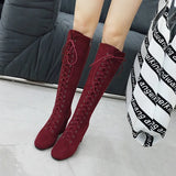 Women's Suede Lace Up Knee High Boots - Apricot - Lace Up Boots - 15 B - PU Suede Leather - image 16